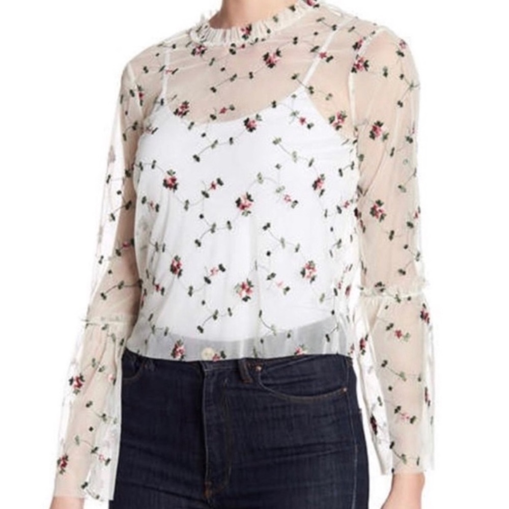 Anthropologie Ro + De Sheer Mesh Floral White Blouse